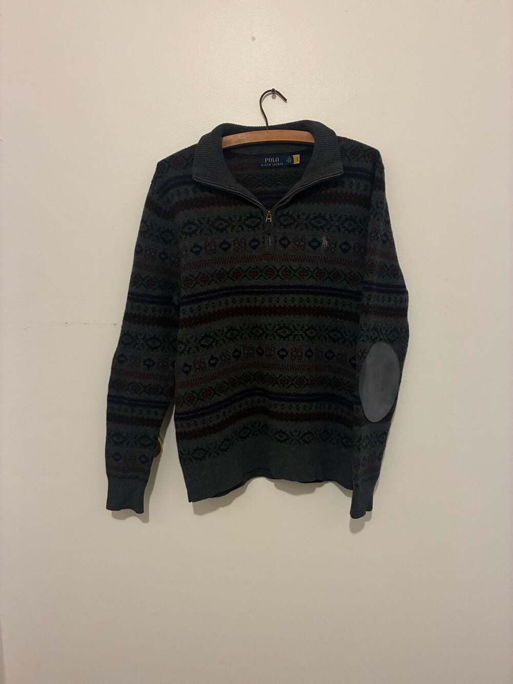 Polo Ralph Lauren Quarter Zip Fair Isle Sweater Size M Gray Wool Cashmere